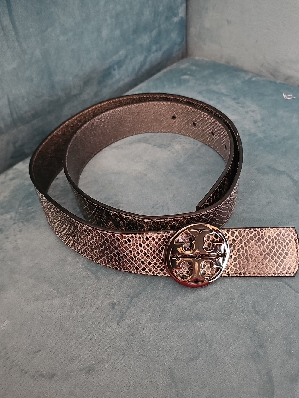 Tory Burch Metallic Bronze Snakeskin Embossed Belt Gold Logo Buckle Women's
